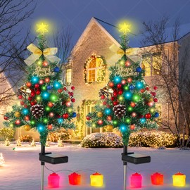 Solar Christmas Tree Decorations Outdoor Lights 2 Packs with 60 LED 50 Xmas Ornaments 6 Lighted Gift Boxes 8 Modes 34Inch Mini Prelit Christmas Tree for Porch Pathway Yard Garden Grave Cemetery