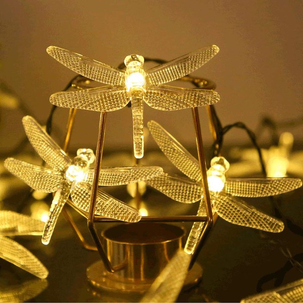 ASFSKY Solar Dragonfly Lights Outdoor 50 LED Dragonfly Lights Waterproof Decorative Lights String Dragonfly Yard Lights Solar Decorative Garden Warm White