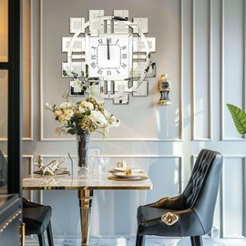 Artloge Crushed Diamond Wall Clock: Decorative 24 inch Round Mirrored Clock with Beveled Glass Mirror Edge Frame and Bling Diamonds, Art Deco Home Modern Decoration for Livingroom, Silver