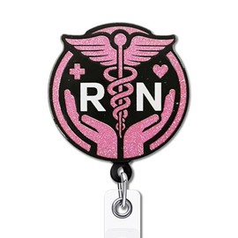 YAZMEEN Funny Registered Nurse Badge Reel Gifts - RN - Retractable Badge Holder with Alligator Clip - Pink Glitter Acrylic ID Card Holder - Gifts for Nurse Doctor Student Medical Graduates Coworker