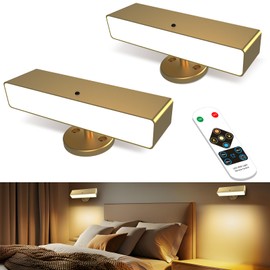 Battery Powered Wall Sconce Lights Set of Two: Gold Rechargeable Wall Lights with Remote, Wireless LED Wall Mounted Lights, 360° Rotation Magnetic Cordless Scone Lighting for Bedroom Living Room