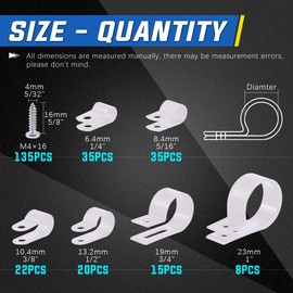 Glarks 135Pcs 6 Sizes 1/4''-1'' White Nylon Screw Mounting R-Type Cable Clip Wire Clamp with 132Pcs Screws for Wire, Cable, Conduit and Cable Conduit Kit (White)