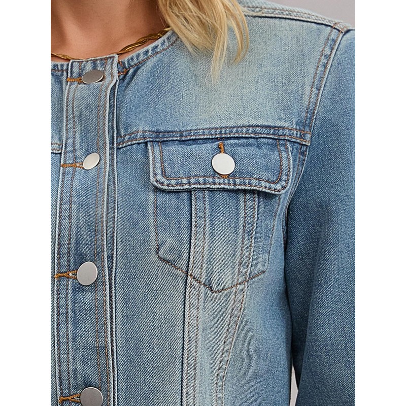 CIMUK Women's Denim Jacket Collarless Button Down 2025 Western Long