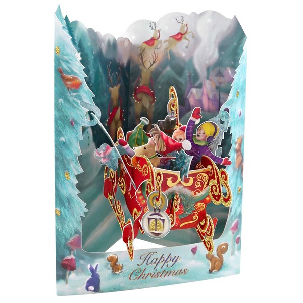 Boston International Santoro Swing 3D Pop-Up Christmas Card, Sleigh, 6 x 8 Inches, Sleigh