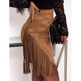 IDEALSANXUN Fringe Suede Skirt for Women Fall Winter High Waisted Faux Leather Tassel Gypsy Mini Skirt, Brown, M