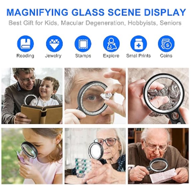 Magnifying Glass 5X 13X 20X Handheld Magnifier UV Light with