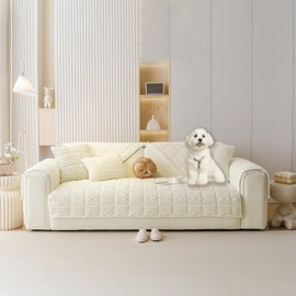 HANDONTIME Couch Cover for Dogs Washable, Fuzzy Sofa Cover for Pets Geometric Jacquard Non-Slip Couch Protector for Dogs Pet-Friendly Sectional Cushion Covers Pet Furniture Cover (Beige,35.4" x 82.7")