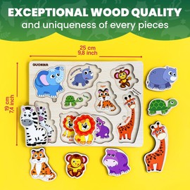 QUOKKA Wooden Puzzles for Toddlers 1-2 – 4 Set Pegged Puzzles for Kids Ages 1-2 – Animal Safari Learning Toy for Kids – Gift Realistic Educational Game for Boy and Girl