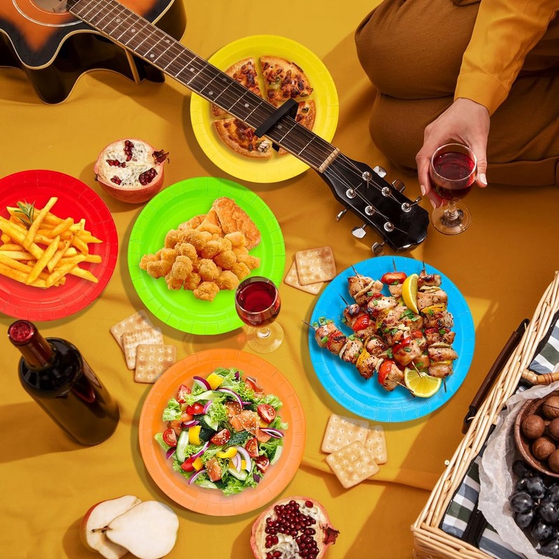 Colorful Round Disposable Paper Plates - 50Pcs Rainbow Party Dinner