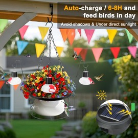 Headak Life Solar Hummingbird feeders for Outdoors with Hanging Planter(11 inch),Black Hanging Plant Holder and Glass Hummingbird Feeder 2-in-1(POTS NOT Included)