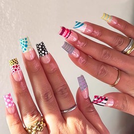 Uñas postizas cuadradas medianas para pegar, diseños variados, punta francesa colorida con rayas y lunares, para manicura casera, 12 tamaños, 24 unida