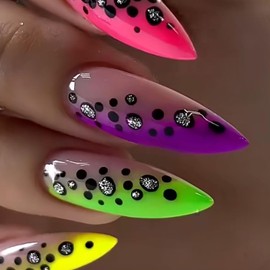 LOPMNGHT Press on Nails Medium Almond Tip False Nails Black Spots Glitter Powder Design Design Full Cover Coffin Nails Colorful Gradient Artificial Stick on Nails Glossy Glue on Nails for Women 24Pcs