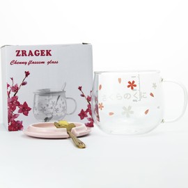 ZRAGEK Cute Home Coffee Glass, Creative 14Oz Large Capacity Tea Cup with Handle and Lid, Office Heat Resistant Sakura Cup, Water Glasses, Coffee Cups(Pink D,3 Piece Set)