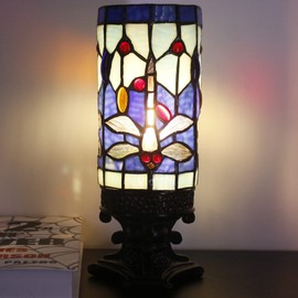 SYETL Small Tiffany Table Lamp Blue Dragonfly Style Mini Stained Glass Desk Lamp Memory Sympathy Table Lamp with Cylindrical Shade 4X10 Inch