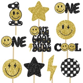 12pcs Glitter One Happy Dude Party Centerpiece Sticks One Happy Dude Birthday Party Decorations Black and Yellow Smile Face Centerpieces for Table Preppy Party Hippie 1st Birthday Party Supplies