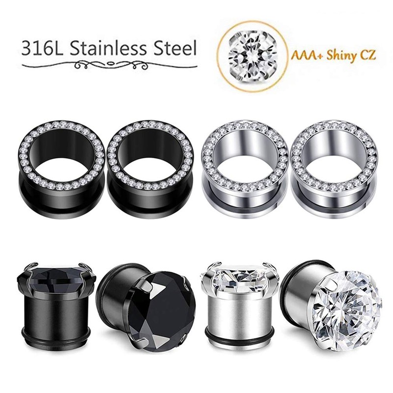 Beautidots 6 Pairs Stainless Steel Ear Gauges CZ Diamond Plugs