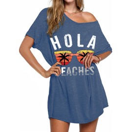 Women's Beach Dress Bikini Cover Up Summer Beach Poncho Swimwear V-Neck Beach Loose Cover Up Shirt with Print, lightblue