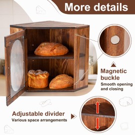 Sunhoo Bread Box for Kitchen Countertop Corner Bread Storage Wooden Breadbox Container 2 Layer Bread Holder Keeper Large Farmhouse Bread Bin Shelf for Homemade Pantry Vintage Acrylic Window(Brown)