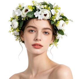 White Flower Crown Headband, 8.66 Inch Adjustable Satin Ribbon Floral Headpiece, Handmade Artificial Camellia Bridal Headband for Wedding Festival Photo Shoot