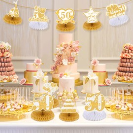 9Pcs 50th Wedding Anniversary Decorations White Gold 50th Golden Wedding Anniversary Honeycomb Centerpiece Golden Wedding Anniversary Table Toppers Honeycomb Decorations