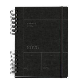 Miquelrius - 2025 Calendar Year Planner 155 x 213 mm Day to a Page Card Cover Sustainable Paper 100gsm Closure Spanish English and Portuguese Black