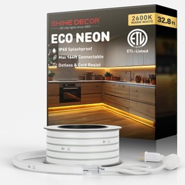 Shine Decor LED Rope Lights AC 120V, Connectable & Cuttable Dotless 120LEDs/M Eco Neon Strip Lighting, ETL IP65 Waterproof & Weather-Resistant for Home Commercial, 8x16mm, 2600K Warm White, 32.8FT