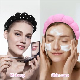 Wecoe 2pcs Skincare Headbands For Washing Face Black Pearl Fluffy Spa Headbands Cute Pink Makeup Headband Face Wash Puffy Sponge Bubble Headband Hair Accessories For Women Girls Kids Teens Gifts