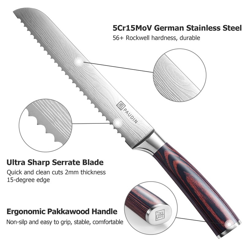 PAUDIN Bread Knife 8", Ultra Sharp Wave Edge - Forged