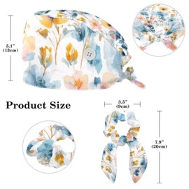 Scrub Caps Women, Watercolor Floral Flower Seamless Pattern, Tie Back Surgical Cap with Hair Scrunchy Blue Yellow