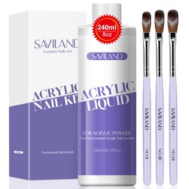 Saviland Acrylic Liquid for Nails - 240 ml Acrylic Liquid with 3 Acrylic Brushes Size (8/10/14) for Acrylic Powder, Acrylic Nail Set, Acrylic Liquid for Nails Extension & Carving in Acrylic Nail
