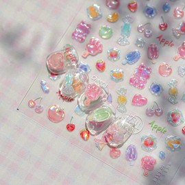 Jelly Nail Art Stickers Sweet Candy Ice Cream Design 5D Embossed Summer Fruit DIY Manicure Decals Adhesive Slider for Women DIY Nail Art Decorations