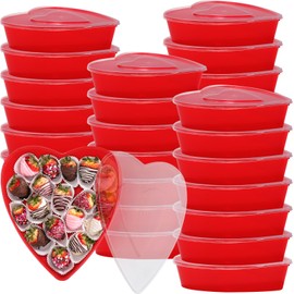 Yerliker 24 Pieces Valentine's Day Heart Shaped Storage Containers 22 oz / 650 ml Heart Shaped Box Plastic Storage Box with Lids Reusable Dessert Containers for Food Fruit Vegetable (Red)