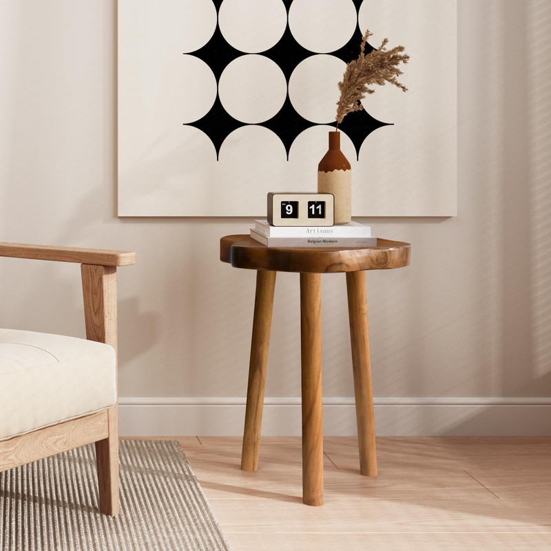 JOLLYMER Natural Teak Wood Live Edge Side Table 14.8" x
