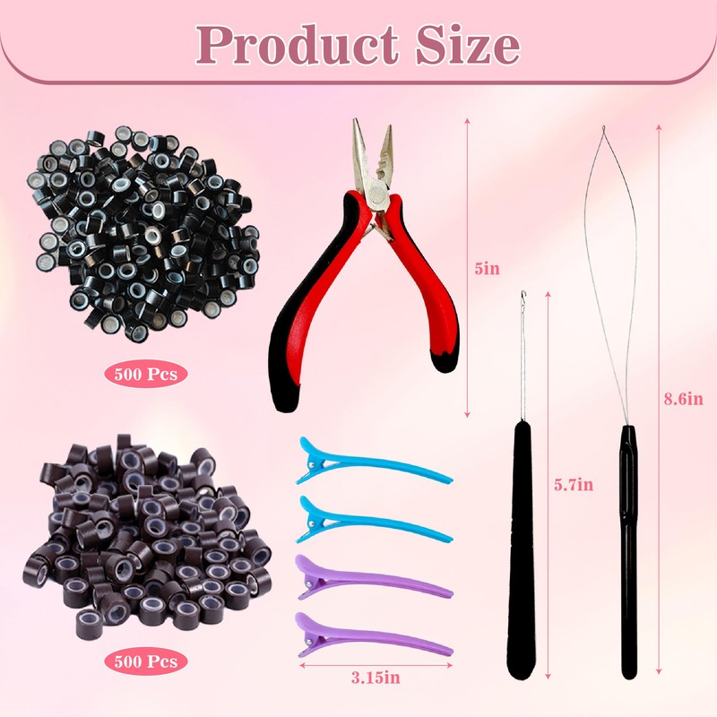 FEXICHUJI Hair Extension Microlink Tool Kit, 1000 Silicone Nano Microbeads,