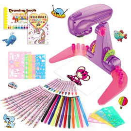 Drawing Projector for Kids, Art and Craft Kit, Toys for Girls Aged 3+, Including Colored Pencils, Crayons, Coloring Books, Drawing Stencil etc, Gift for 3+ Year Old Girls (Pink Drawing Kit v1)