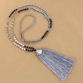 KELITCH Bohemian Chains Pendant Necklace Turquoise Crystal Beads Necklace Colorful Tassel Necklace for Women Fashion Jewelry (Gray)