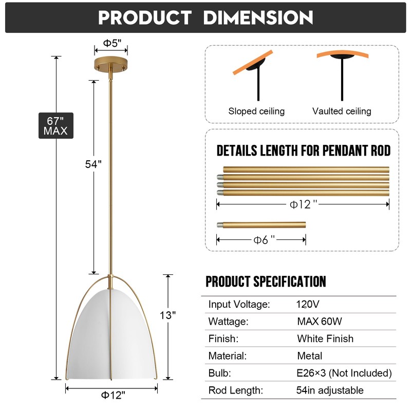 FookChak 10in Dome Pendant Light White Kitchen Island Pendant Lighting