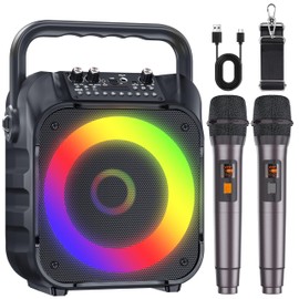 Karaoke Machine with Two Wireless Microphones, Portable Karaoke Machine for Adults & Kids, Portable Bluetooth Speaker with PA System, LED Lights, Supports TF Card/USB, AUX in, FM, USB,TWS (Black)…