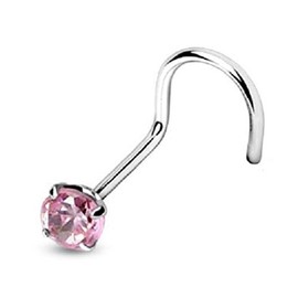 PiercedOff 316L Surgical Steel Nose Screw with Pink CZ Gem - Thickness 18GA (1mm) / Length 6mm / Gem Size 3mm