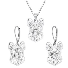 French Bulldog Sterling Silver Necklace for Women Dangle Earrings Set by Ginger Lyne Puppy Dog Pet Pendant Box Chain Doggie Animal Paw Print Heart Jewelry for Frenchie Mom