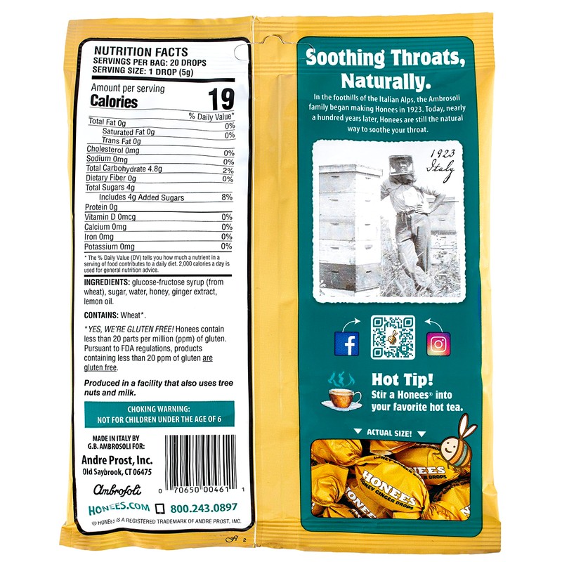 Honees Filled Honey Ginger Drops, Natural Cough Drops- Pure Ginger