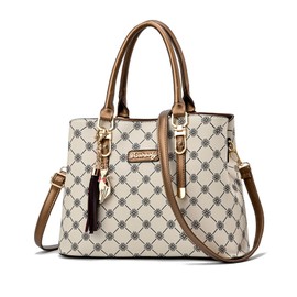 NICOLE & DORIS Women's Handbag Elegant Shoulder Bags Printed Handbags PU Leather Women Shoulder Bag Shopper Tote Medium Bag Handbag with Pendant Beige with Brown