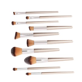 TOVINANNA 10pcs Gold Makeup Brush Set for Women Professional Cosmetic Tools Wooden Handles for Foundation Blush and Eye Makeup