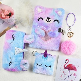GLGHMH Secret Diary with Lock Set, Secret Fluffy Notebook with Coin Purse Keychain Bracelets Pencil Case, Fluffy Bear Gifts Journal Notebook Set for Girls Boys