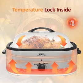 Sunvivi 20-Quart Roaster Oven with Self-Basting Lid, Electric Turkey Roaster Oven with Removable Pan and Rack, Stainless Steel, White