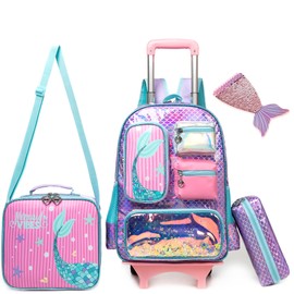 Oruiji Rolling Backpack for Girls with Wheels Kids Rolling Backpack with Lunch Bag 3PCS Easy and Convenient Mermaid Backpack, Purple
