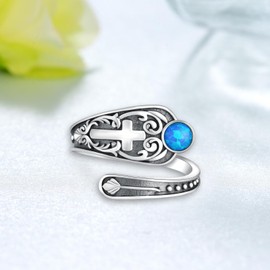 Fuguangju Cross Spoon Ring 925 Sterling Silver Faith Cross Thumb Rings Adjustable Spoon Rings Vintage Cross Jewelry Christian Rings for Women Gifts for Women