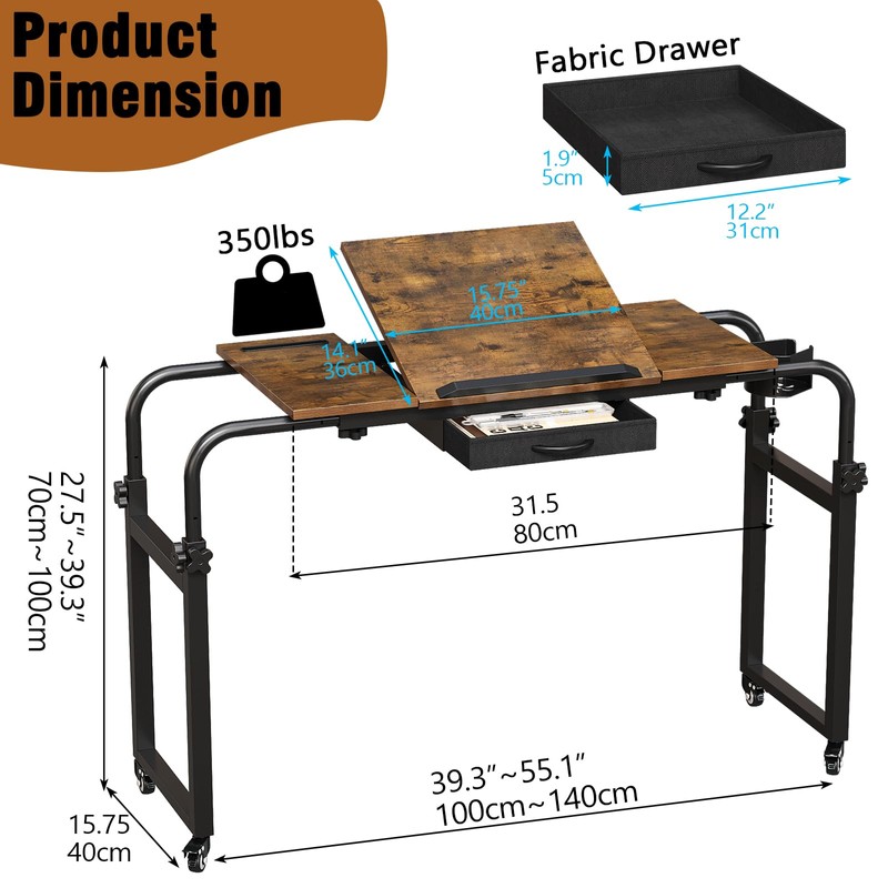 GiftGo Overbed Table with Wheels Rolling Laptop Desk Cart Table