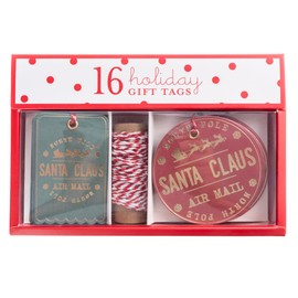 Santa Stamp Gift Tags Set, 16 Holiday Tags, 2 Designs, to and from Names Cards, Gold Foil Accents, Bakers Twine