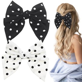 2 PACK Hair Clips with Large Spotted Bowknot, Handmade Silky Bow Hair, French Barrettes Hair, Metal Clips, for Women's Hair Accessories